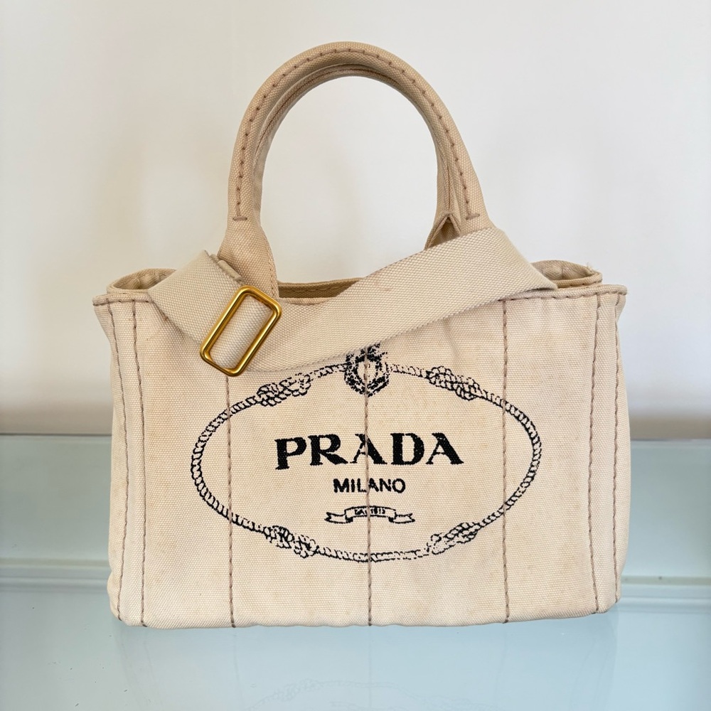 Prada Canapa Beige Canvas Tote Small Milano Logo with Removable Strap - Picture 3 of 11
